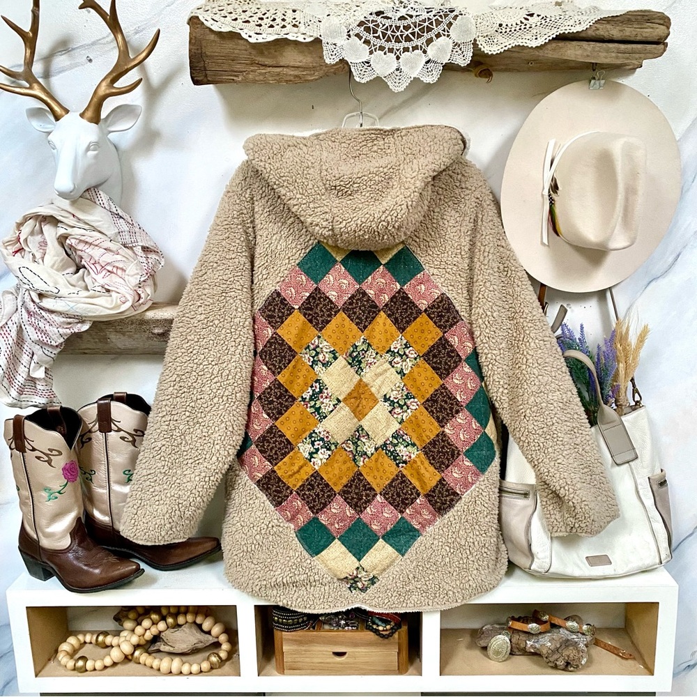 Cozy Patchwork Teddy Fleece Hoodie - Beige